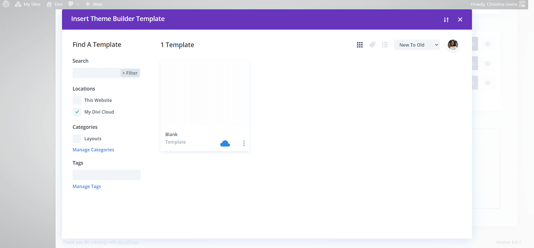 Inserting templates into the Divi Theme Builder