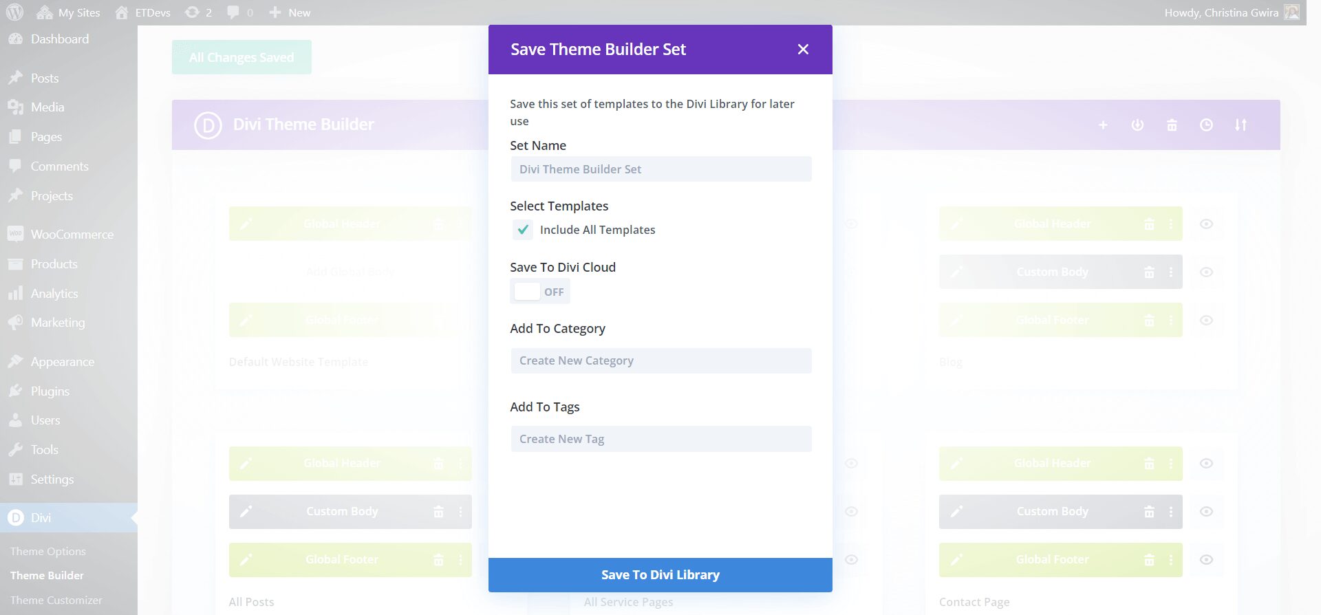 The Save Theme Builder Set Modal Box