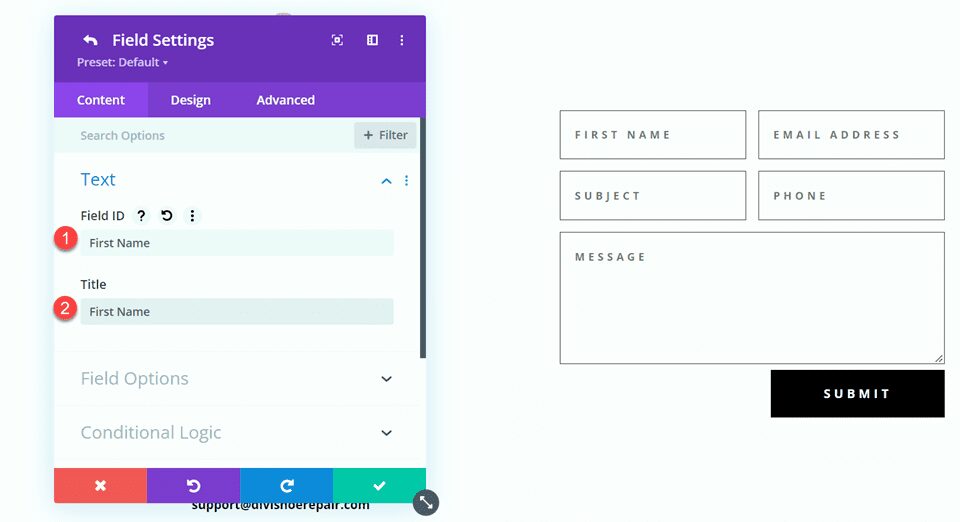 Divi Contact Form Layouts With Inline and Fullwidth Fields Layout 2 Field ID and Title