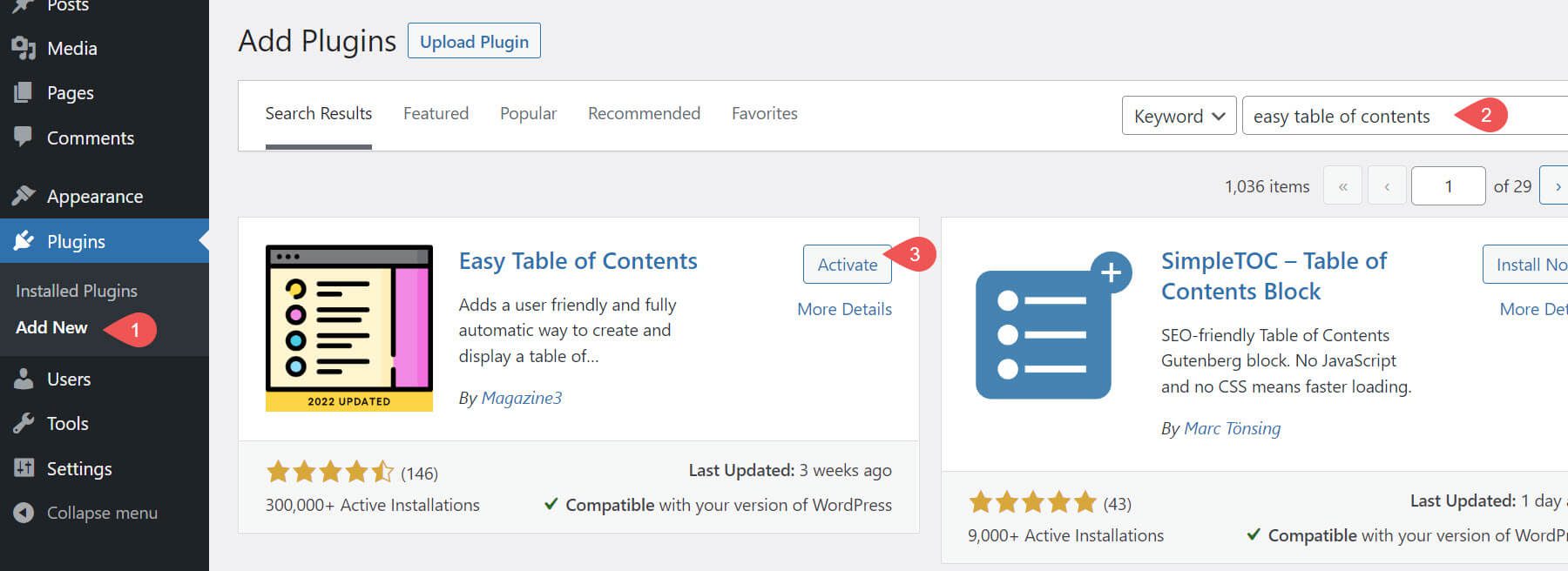 install easy table of contents plugin