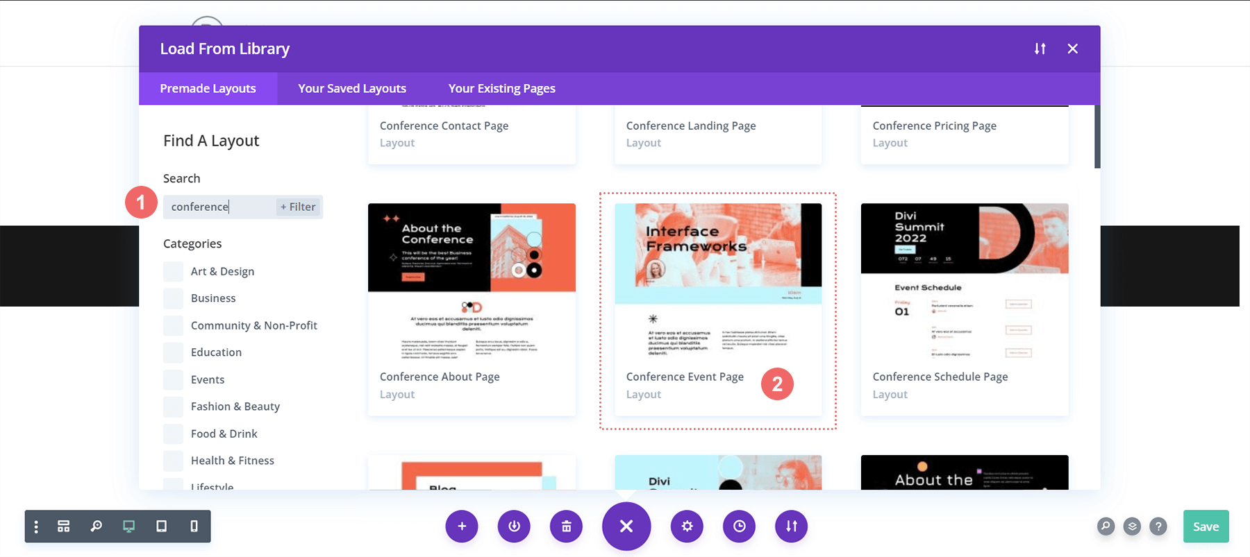Search for the Divi Conference event page layout within the Divi Layout Library
