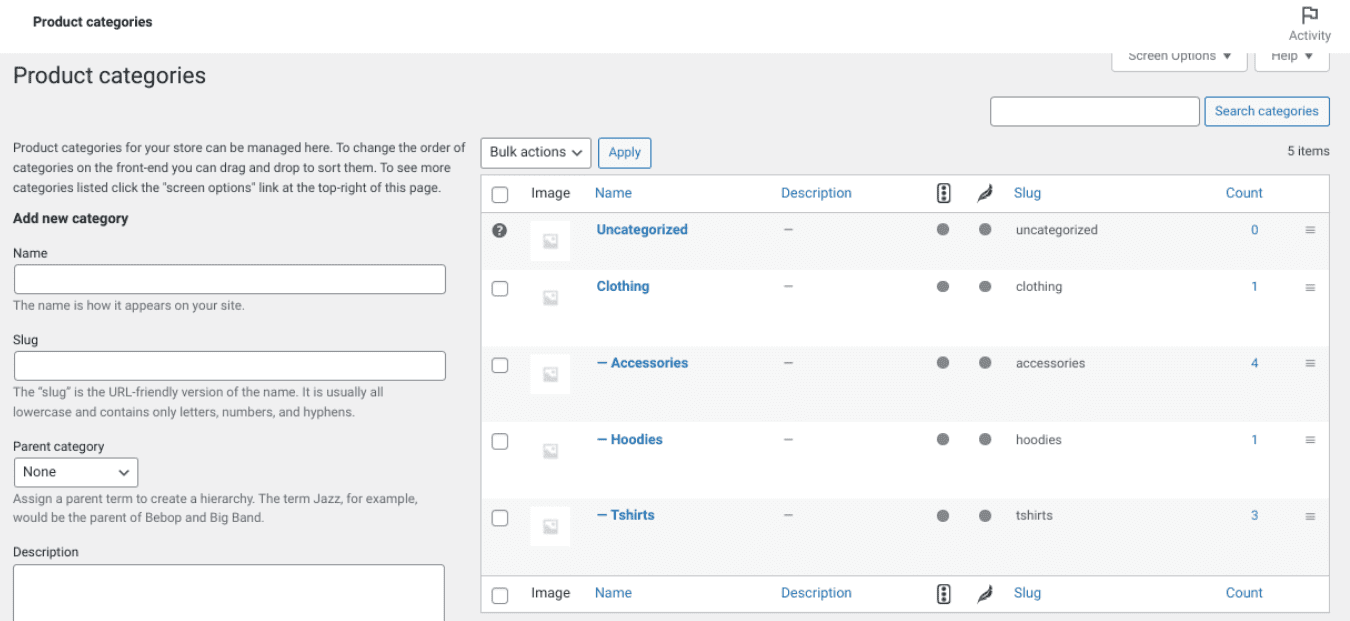 The Product categories page in WooCommerce.