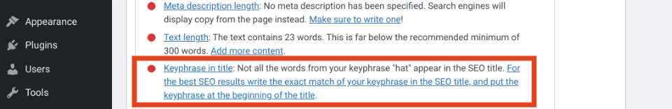 A Yoast analysis indicating product title missing keyword.