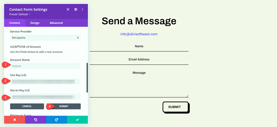 Divi ReCaptcha Contact Form Settings