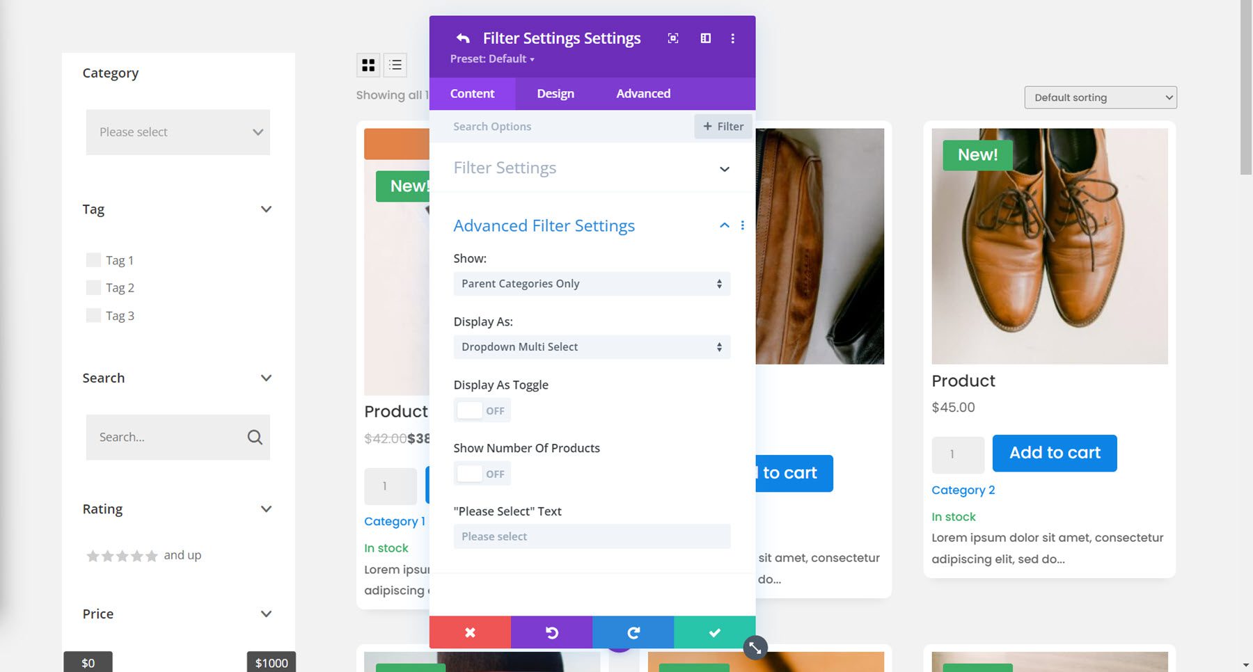 Divi Plugin Highlight Divi Shop Builder Advanced Filter Settings