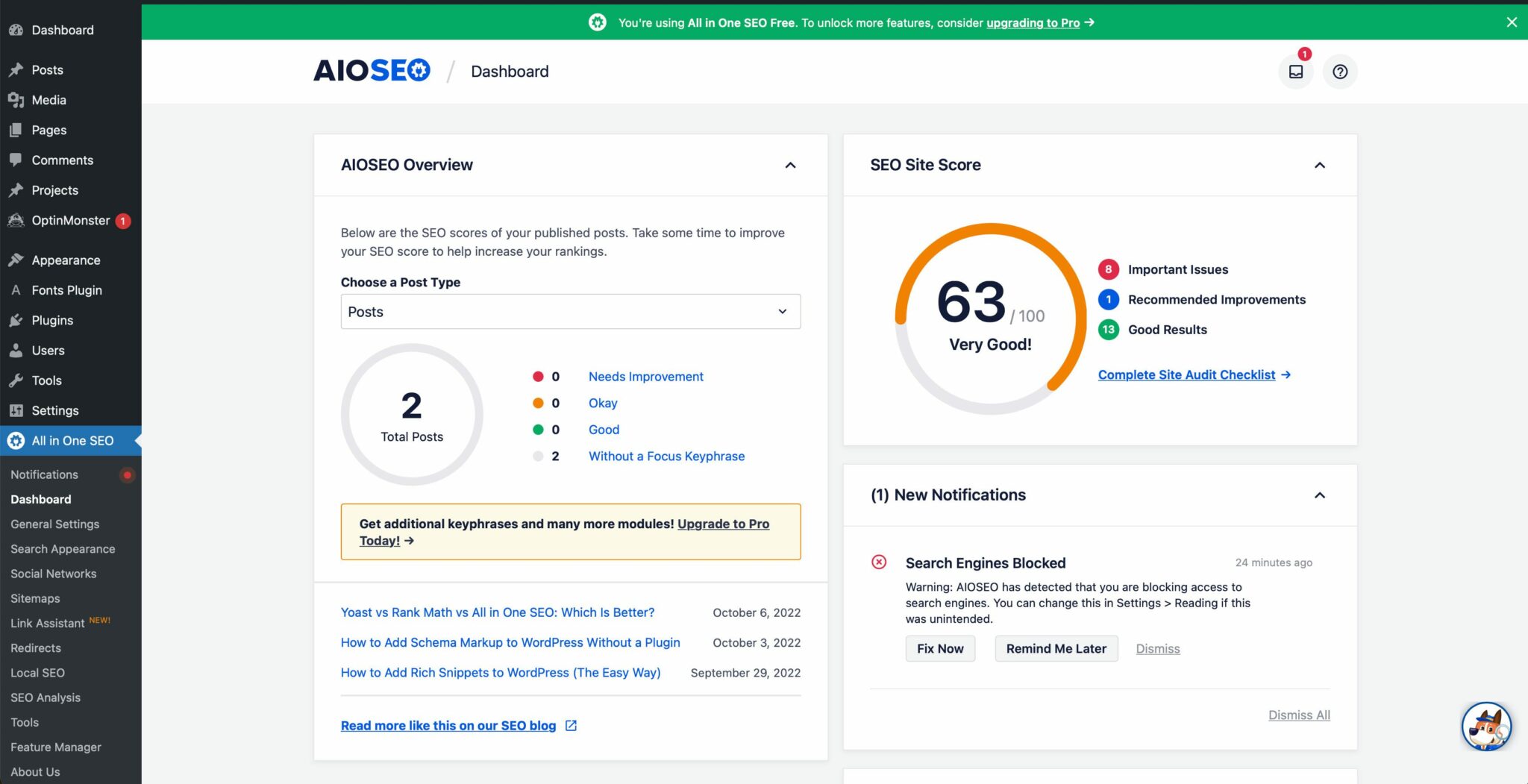 All in One SEO dashboard