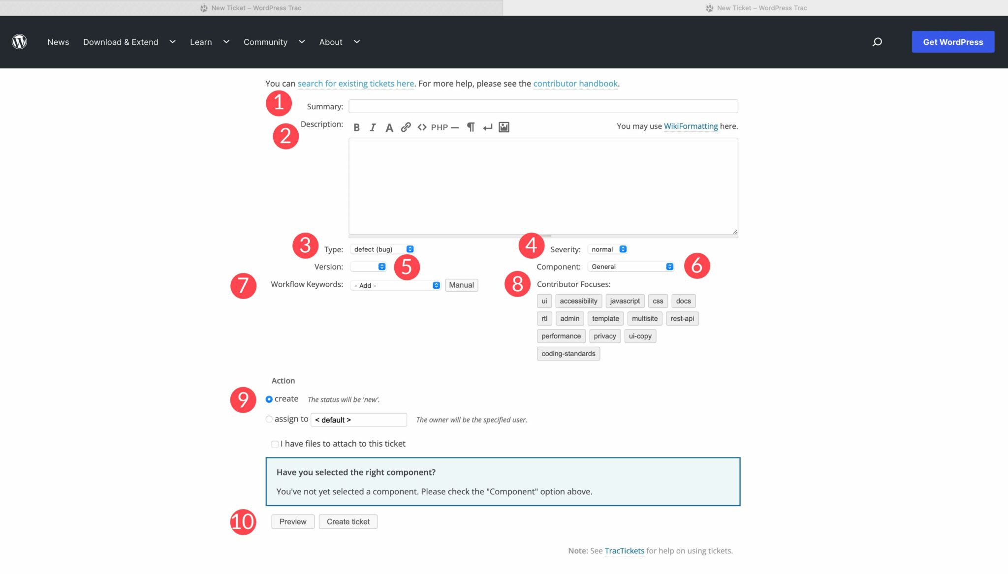 Steps for creating a ticket WordPress beta