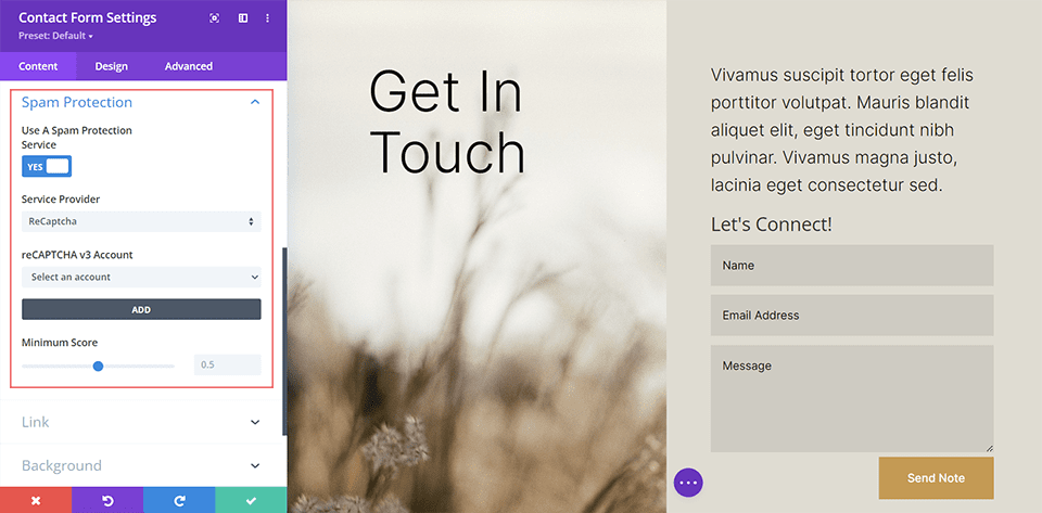 Spam protection while setting up the Divi Contact Form Module