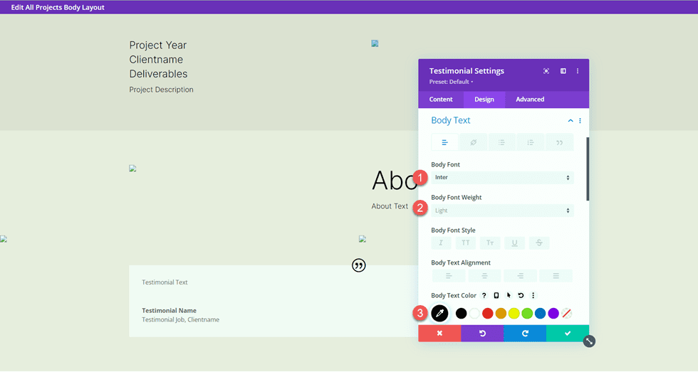 Divi Matching Portfolio and Projects Body Font Testimonial