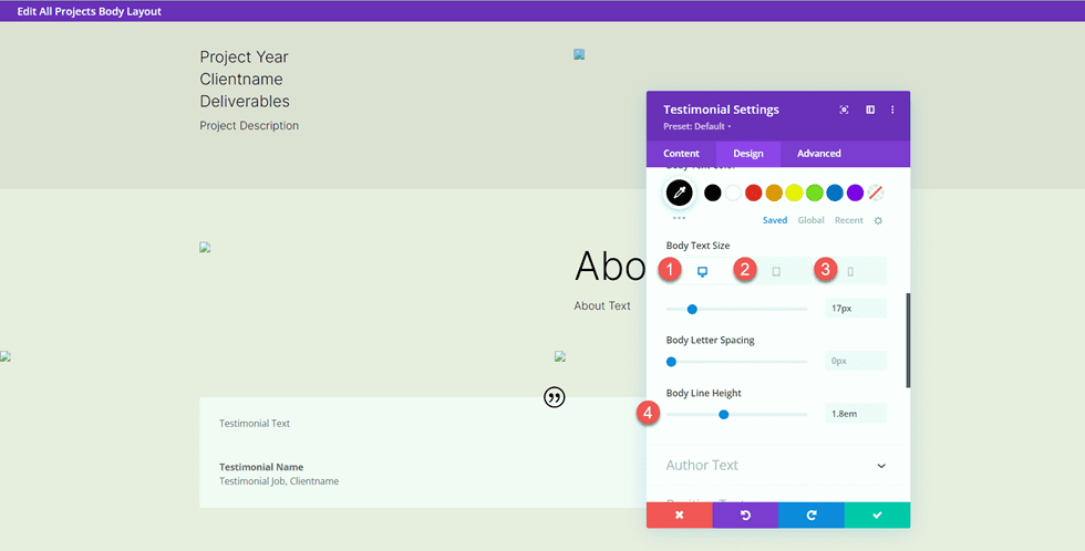 Divi Matching Portfolio and Projects Body Text Size Line Height