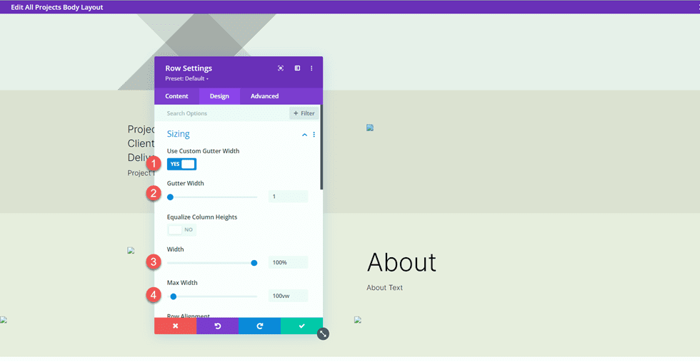 Divi Matching Portfolio and Projects Row Settings