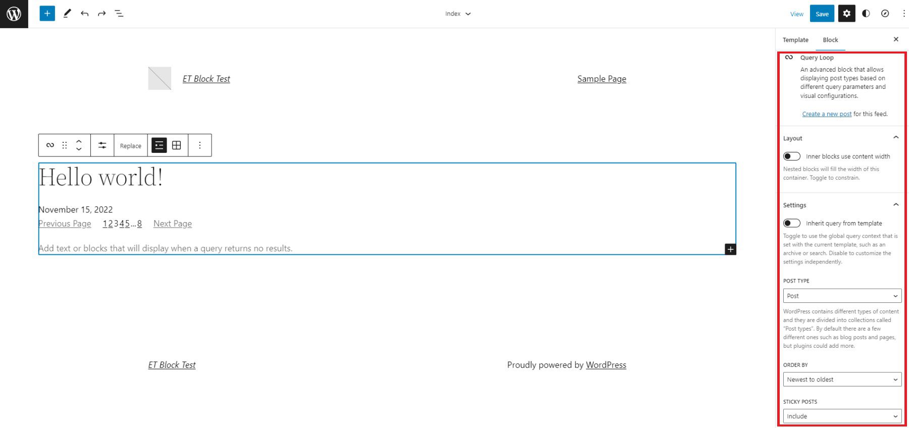 Query Loop Sidebar Settings - New Post, Layout, Query Settings