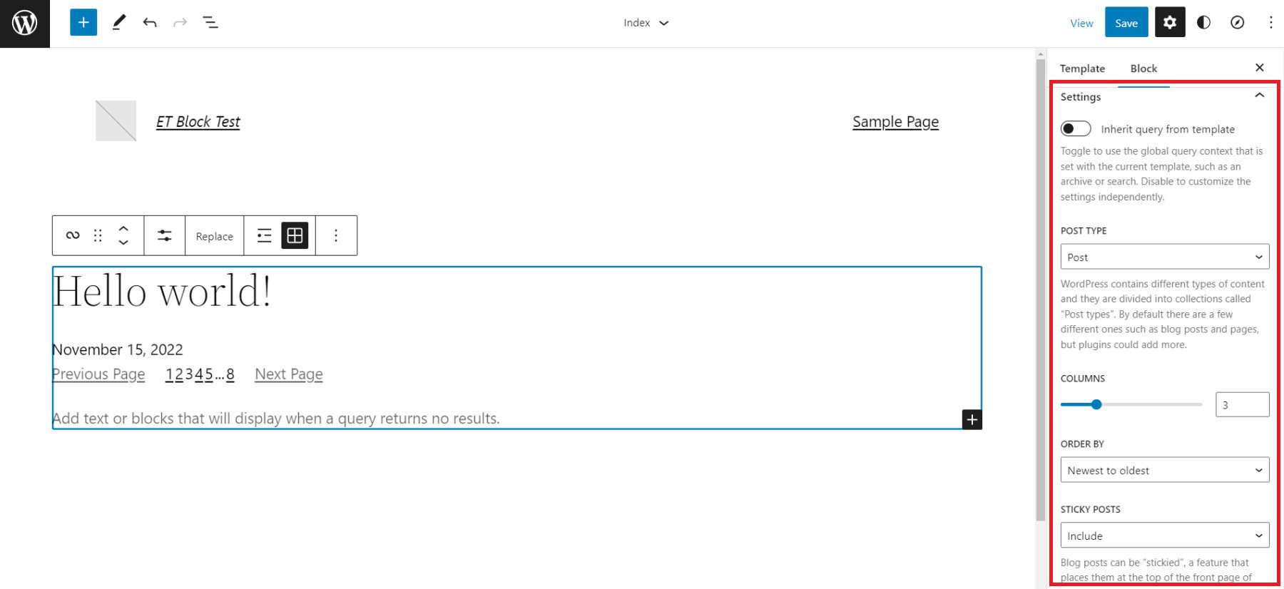 Query Loop Sidebar Settings - Setting Untoggled