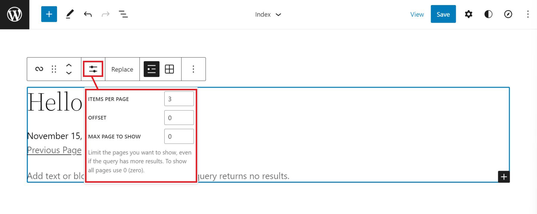 Query Loop Toolbar - Display Settings