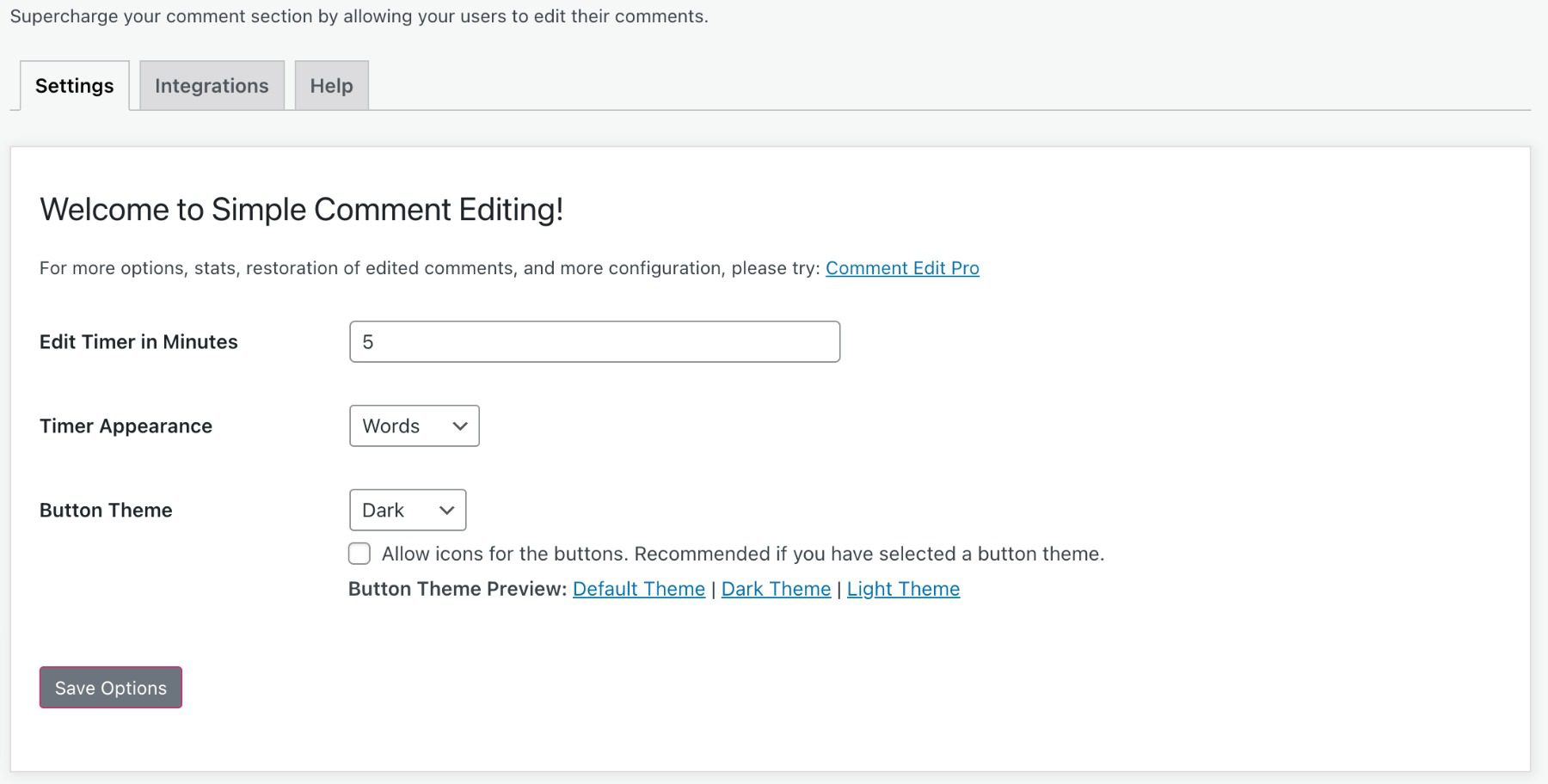 Simple Comment Editing settings page