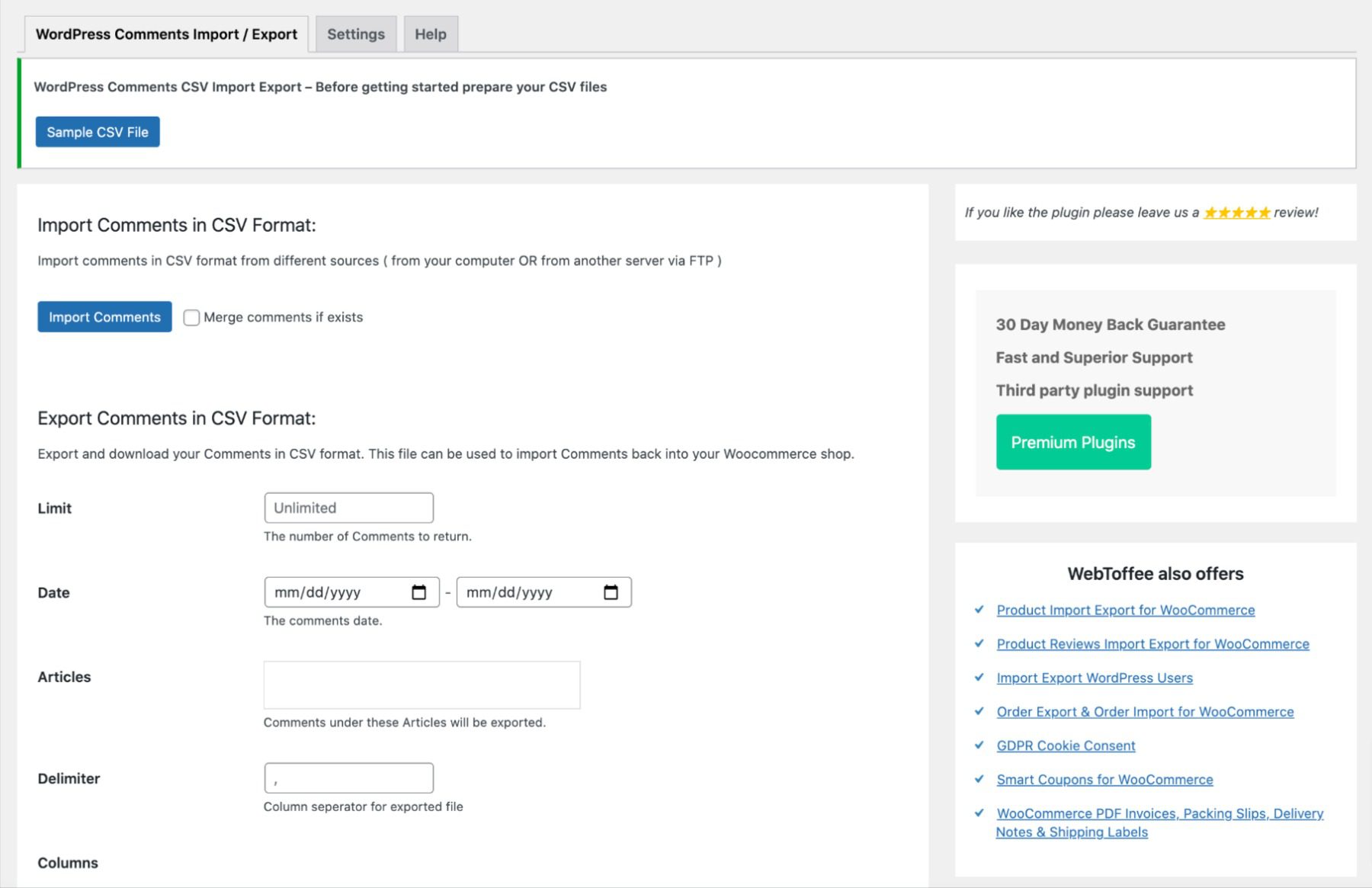 The WordPress Comments Import & Export settings.