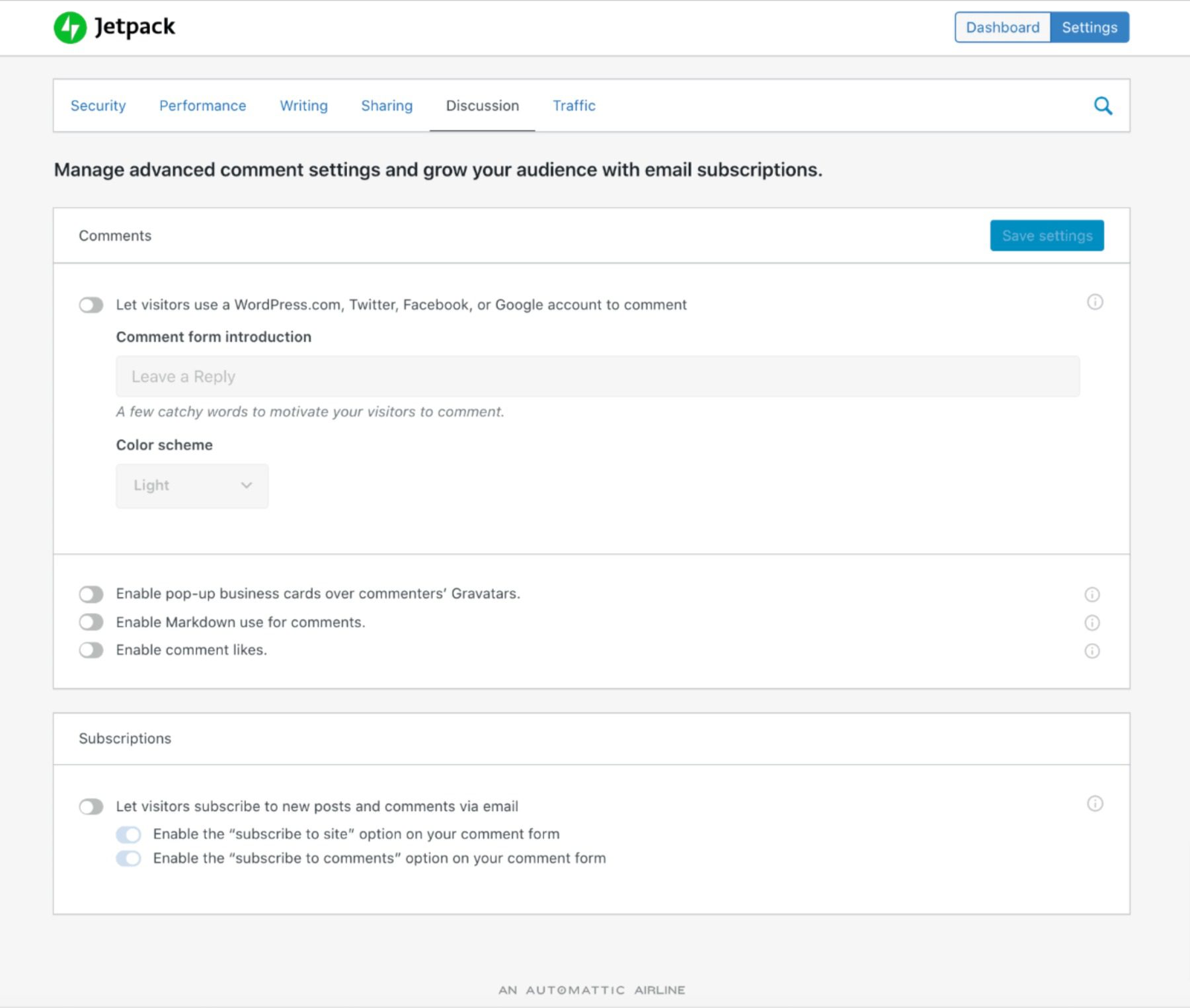 The Jetpack Comments settings.