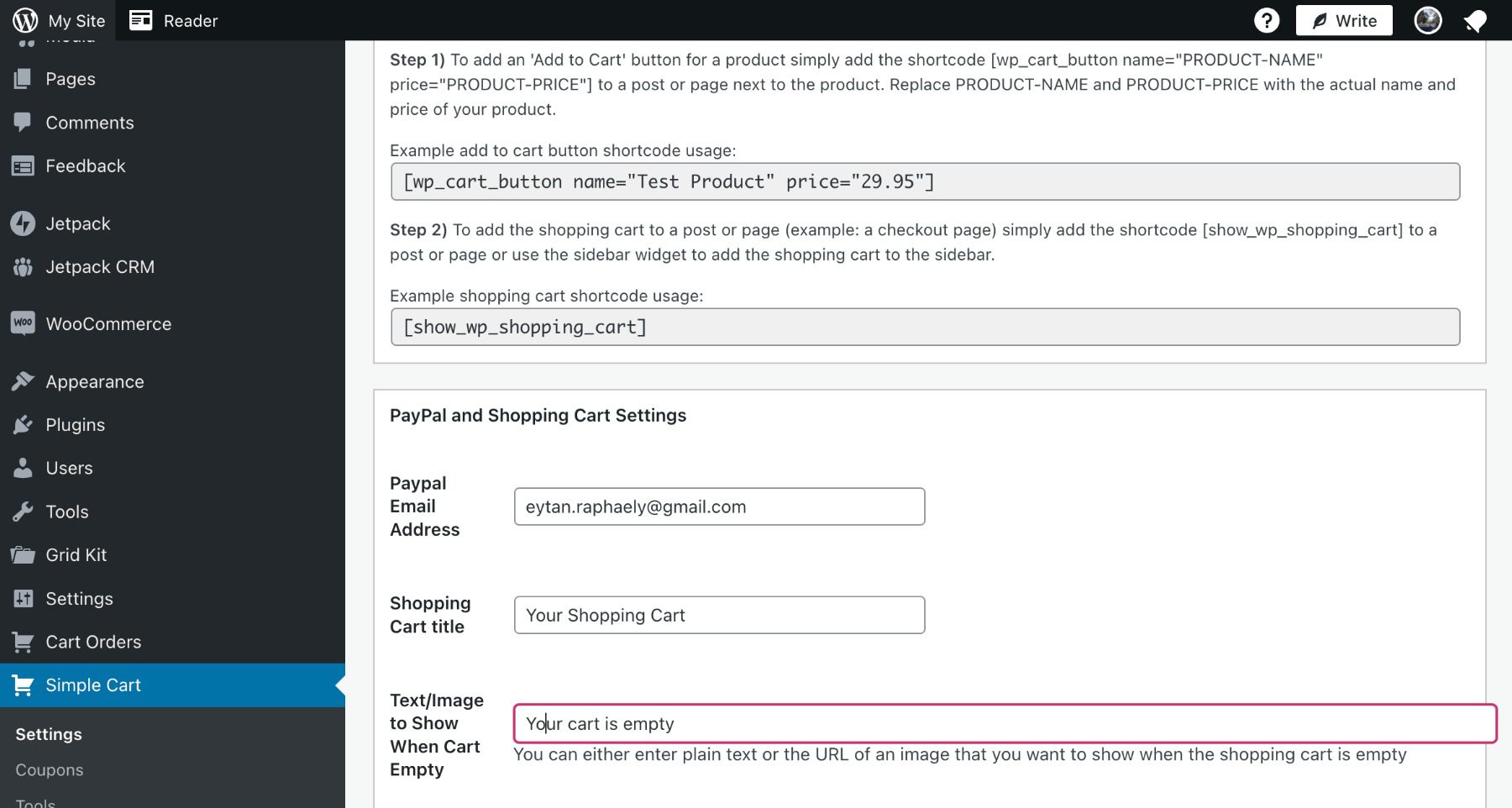 WordPress Simple Shopping Cart settings